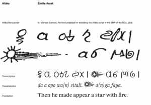 Diagram showing the computational process of translating Afáka, the script of the Ndyuka language (an English-based creole of Suriname), into English at the Missing Scripts Program
