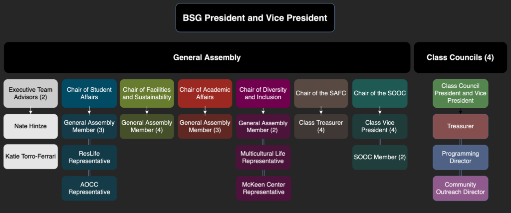 General Assembly consisting of six committees. Each committee chairperson controls his/her committee. Class councils are a separate entity.
